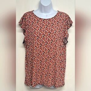 Premise L Top Slinky Stretch Knit Cap Ruffle Sleeeve Floral Colorful Like New